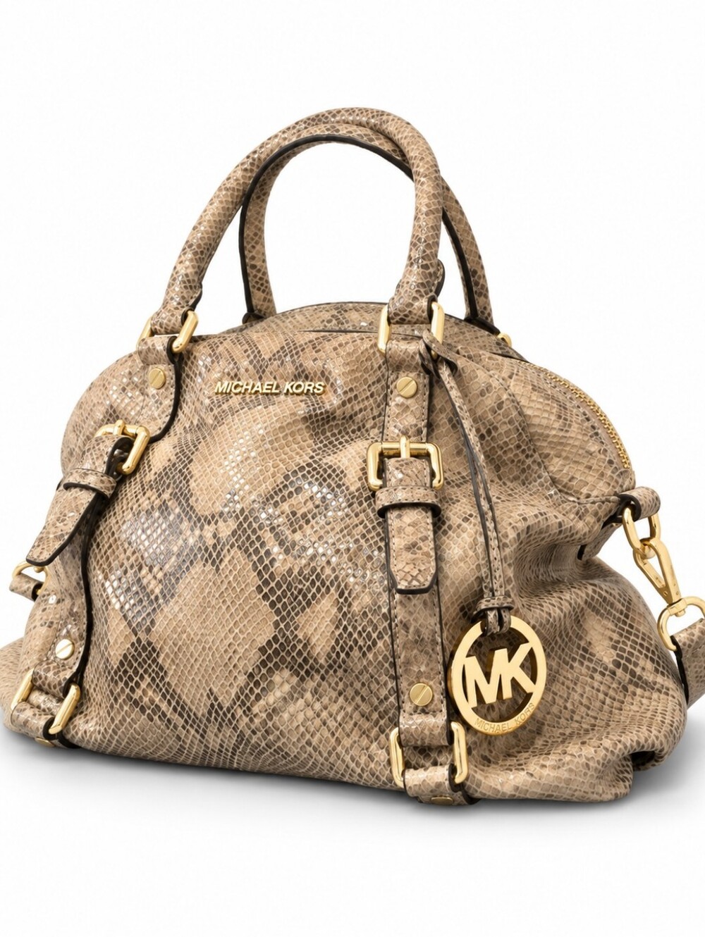 Michael Kors Bedford Python Embossed Leather Satchel Beige Gold Hardware